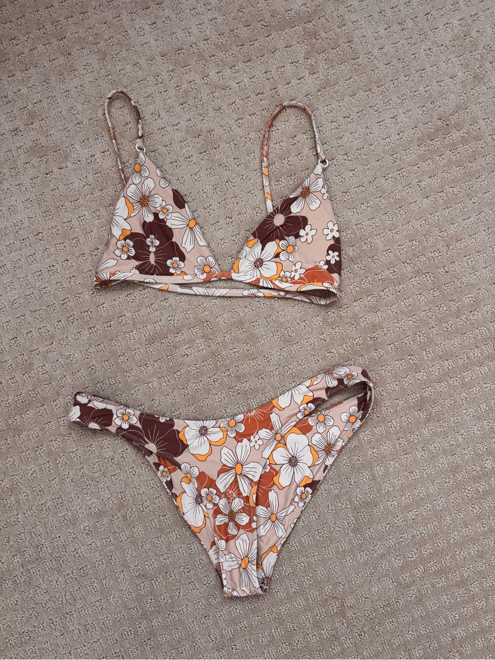 STONE FOX SWIM Floral Triangle Bikini Set in Brown & Orange